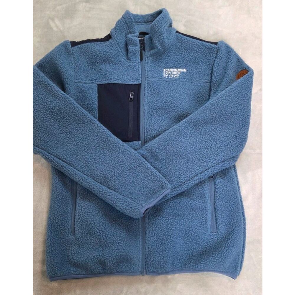 SCANDINAVIAN EXPLORER Fleece Jacket Womens XL Blue Full Zip pockets leather logo - Picture 14 of 14